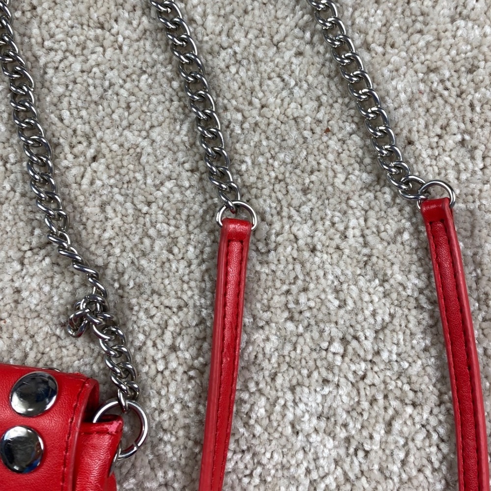 Red Studded Mini Crossbody Bag Silver Hardware Chain Strap Edgy Festival Style - Picture 4 of 8